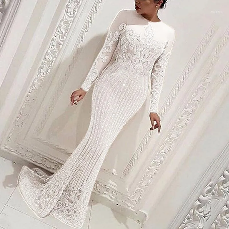 Mode paillettes Maxi robe femmes 2020 hiver Sexy fête à manches longues moulante blanc sirène robes dames parole longueur Vestidos1