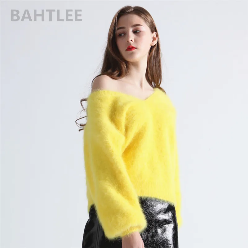 BAHTLEE Inverno Donna Angora Rabbit Jumper Maglione con scollo a V Manica a lanterna Visone Cashmere Pullover lavorato a maglia Mantieni caldo spesso allentato 201031