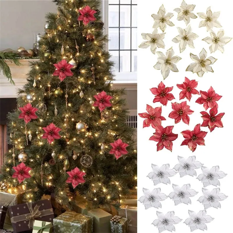 5pcs or argent 13cm grande fleur de soie tête fleur artificielle pour bricolage arbre de Noël nouvel an décoration de la maison ornamentos de navidad Y201020