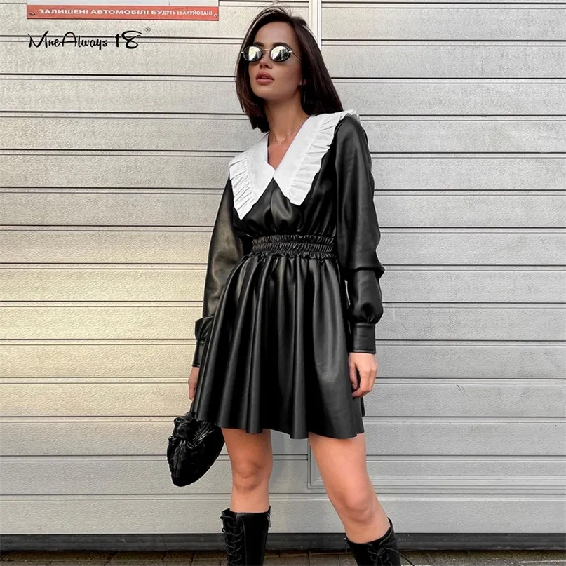 Mnealways18 Patchwork Women Leather Dress With Peter Pan Collar High Waist Autumn Winter Elegant Ladies Black Frill 220308