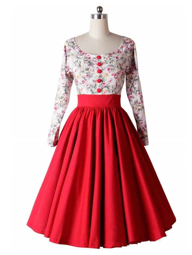 2019 Fashion Print Dress Sommarfjäder Kvinnor Långärmad Klänning Blommor Vintage Retro Klänningar Med Hög Midja Vestidos De Festa Robe Femme