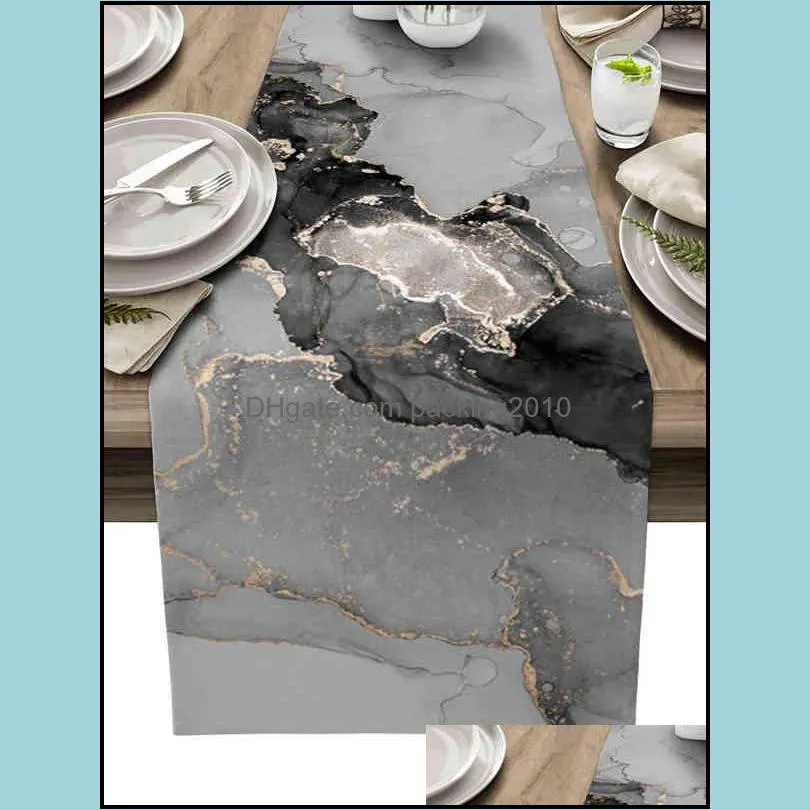 Marble Texture Ink Black And White Table Runner Modern Party Dining Table Runner Wedding Table Decor Tablecloth and Placemats 220107