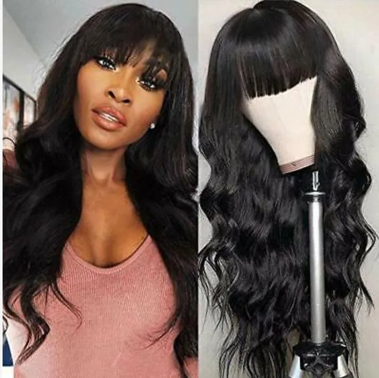 Body Wave Wigs With Bangs Virgin Brazilian None Lace Front Wigs