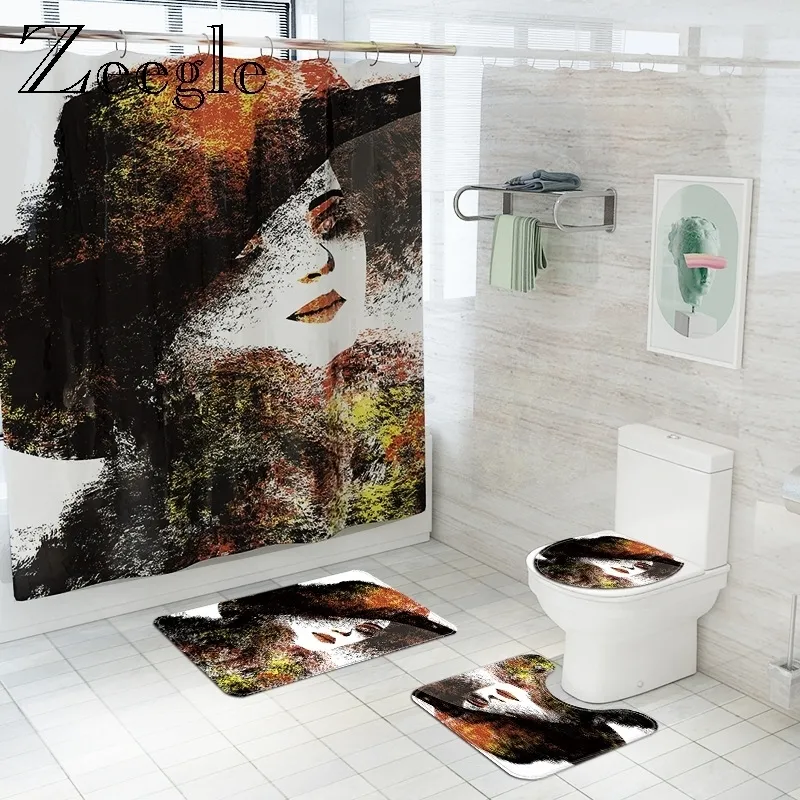 Retro Woman Printed Bath Mat and Shower Curtain Set Flannel Toilet Seat Mat Bathroom Carpet Set Non-Slip Shower Room Foot Mat
