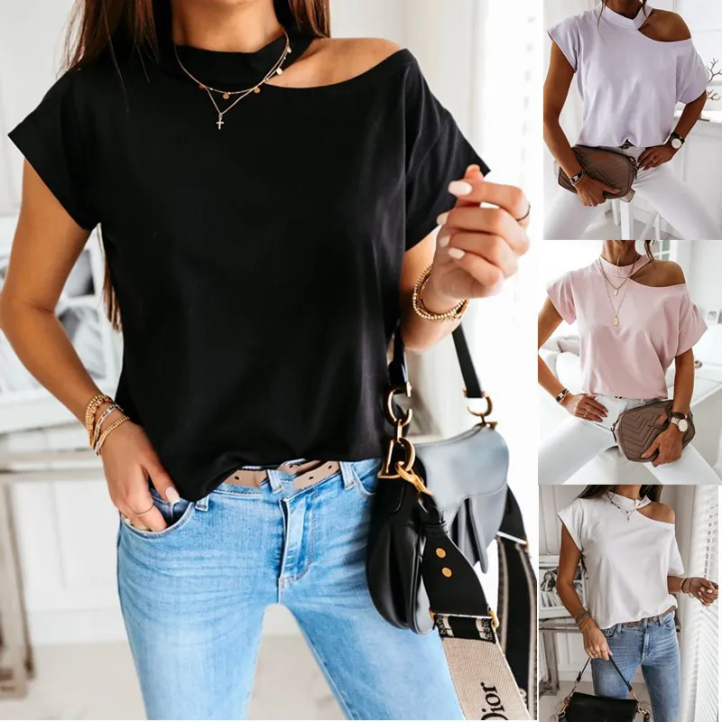 Blusa Sexy con hombros descubiertos de Color liso para mujer, camisas de verano de manga corta, blusas informales holgadas con cuello Halter y espalda descubierta para mujer