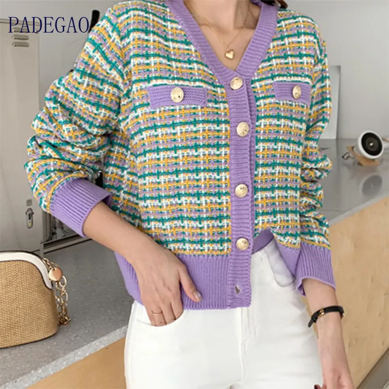 Purple Cardigan Womens Winter Clothes Pink Plaid Jumpers Designer Korean Crop Sweater Short Tops Soft V Neck Fall 2020 Knitted LJ201113