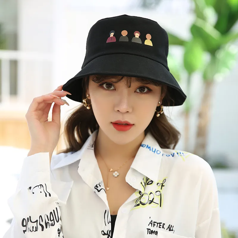 Korean Cartoon Printed Cotton Bucket Bucket Hats For Women For