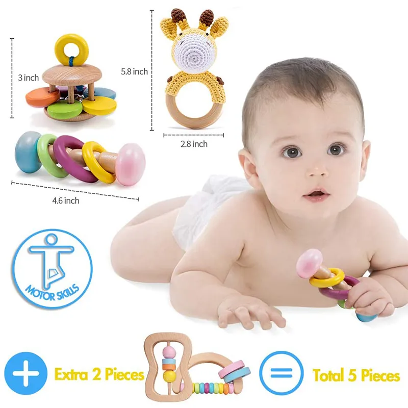 5 adet Organik Güvenli Ahşap Oyuncaklar Bebek Montessori Toddler Oyuncak Kavrama DIY Tığ Çıngırak Yemeği Bilezik Diş Kaşıyıcı Oyuncak Seti Bebek Ürünü LJ201113