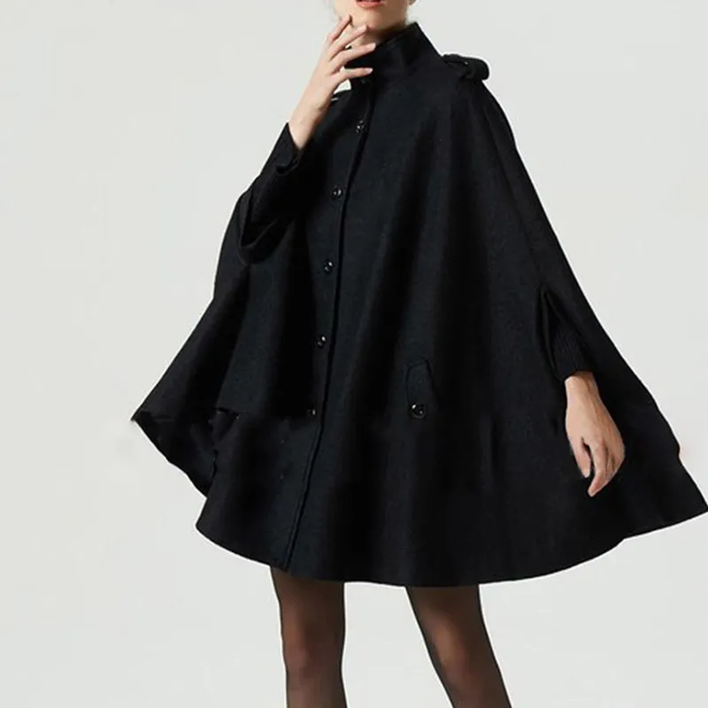 Gothic Women Wool Cape Coats Button Loose Casual Outerwear High Street Stylish Autumn Winter Warm Overcoat Female Black Top Coat 201027