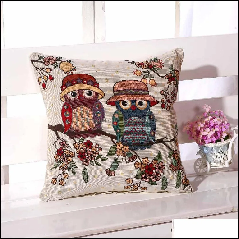 Jacquard Flower Cushion Cover Cotton Linen Owl Pattern Room Decorative Square Sofa Pillow Cover Cases 45x45cm