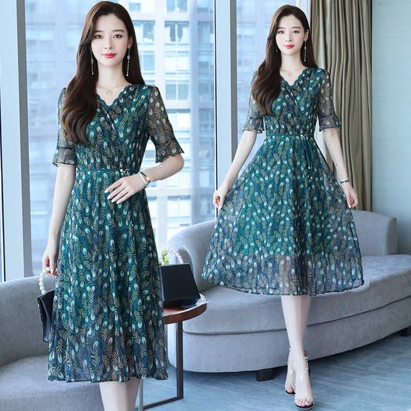 2022新しい夏のドレス半袖シフォンの女性の外国風の薄いスカートの媒体と長い母性の気質