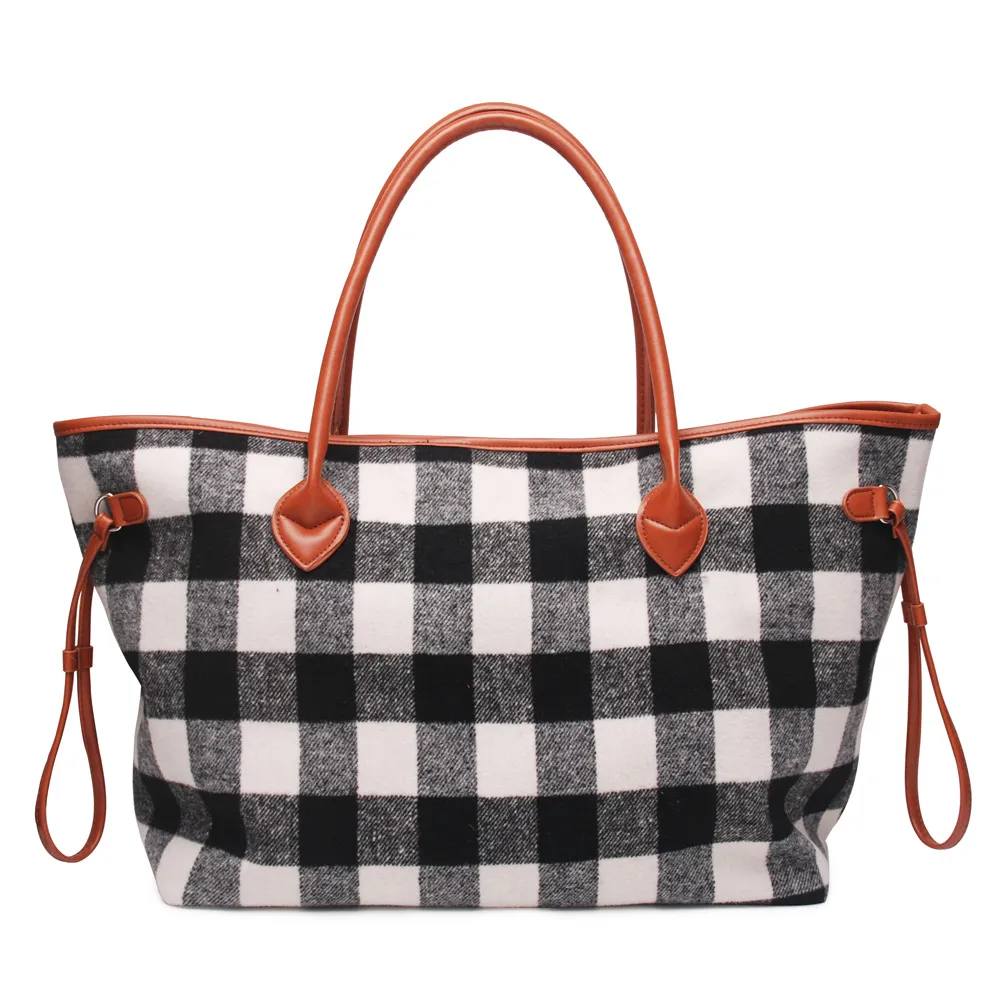 Buffalo Plaid Tote Handbag Lined Leather Trimmed Rivet Handles Large Capacity Personalized Check Travel Tote Women Shopping Handbag CFYL0221