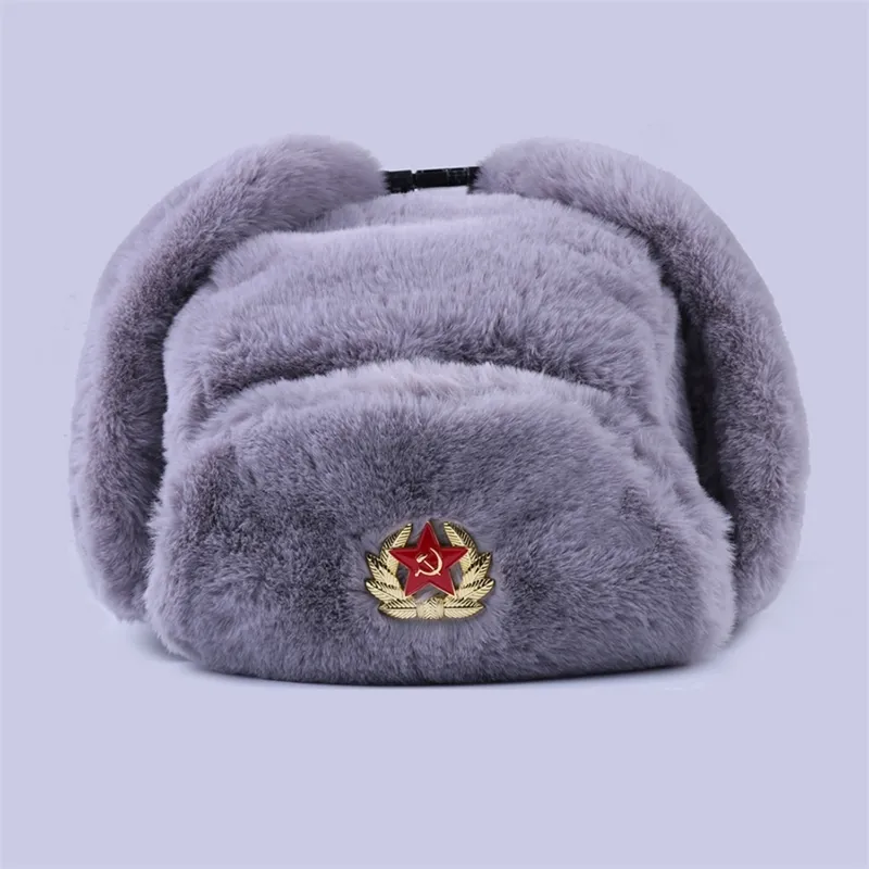 Radziecka Odznaka Ushanka Rosyjska Mężczyźni Kobiety Kapelusze Zimowe Faux Rabbit Fur Army Wojskowy Bombowiec Kapelusz Cossack Trapper Earflap Snow Ski Cap Y200110