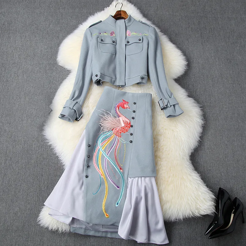 2019 Autumn Winter Blue Long Sleeve Stand Neck Embroidery Jacket + Panelled Mid-Calf Skirt Two Piece 2 Pieces Set N11T10440