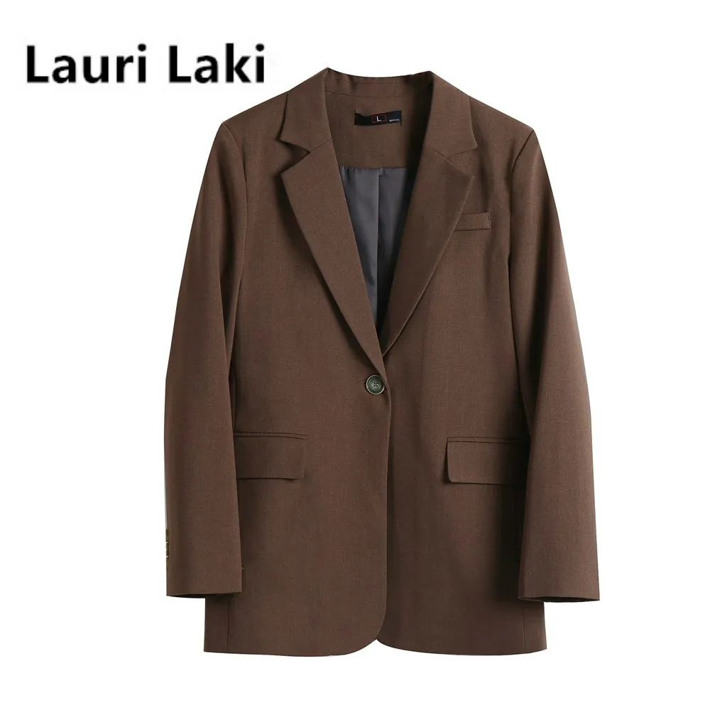 Lauri Laki Bureau Mesdames Collier Notched Collier Solid Femmes Blazer Elegant Automne Jacket Vintage Poches Vintage Cuissons Vêtements Vêtements de dessus 201114