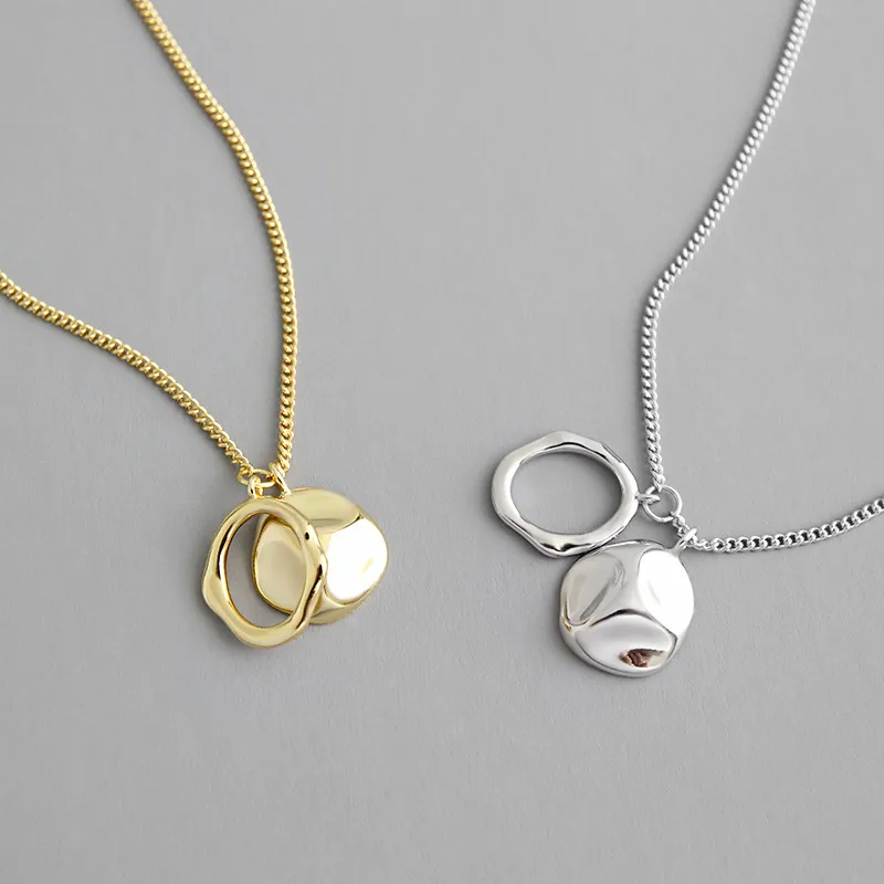 Peri'sbox Double Circle Irregular Necklaces Round Disc Hammered Necklaces for Women Minimalist 925 Sterling Silver Necklace 2020 Q0531