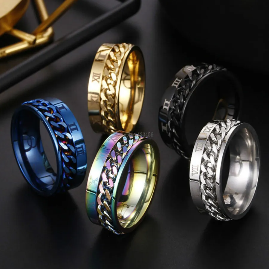 New Roman Numerals Rotatable Ring relieve pressure Stainless Steel Spin Chain Ring Band for Men Women fashion jewelry Will and Sandy new