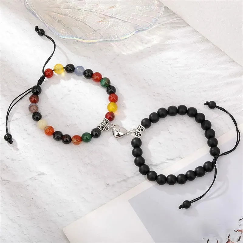 8mm Beaded Strands 2pcs/set Lovers Bracelets Designer Jewelry Magnetic Heart Adjustable White Turquoise Black Frosted For Women Men Valentines Day Bracelet Gift