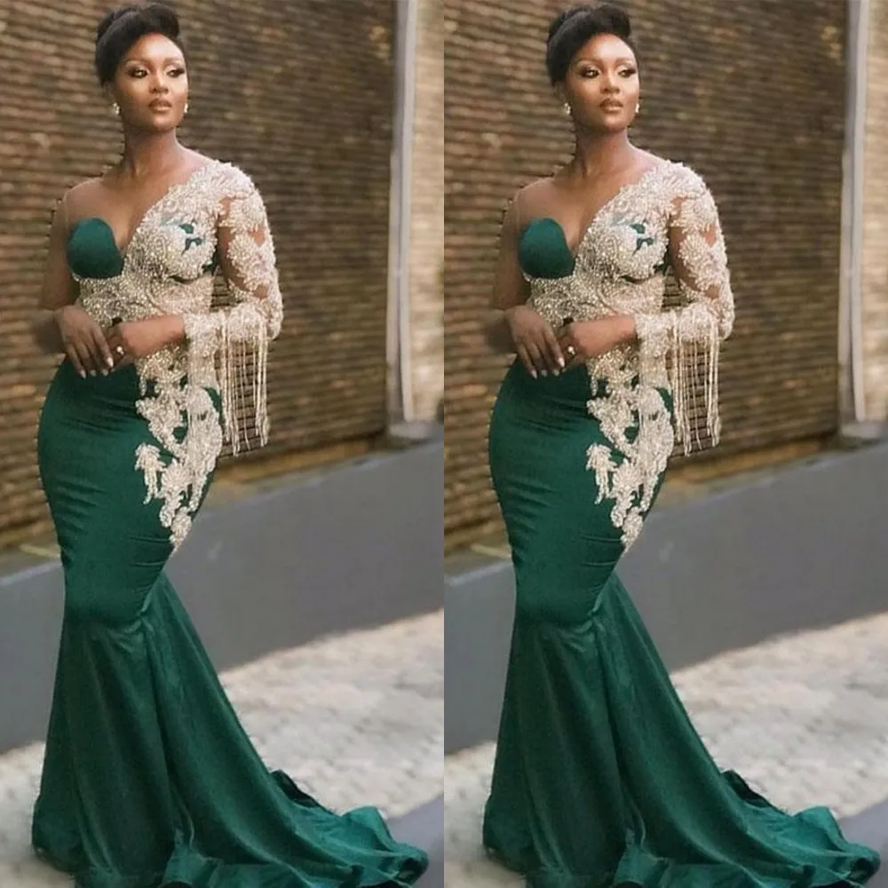 DHgate Elegant Mermaid Dark Green Satin Prom Dresses for Women Jewel Neck Long Sleeves Crystal Beading Formal Evening Dress Party Gowns Wedding Party Events