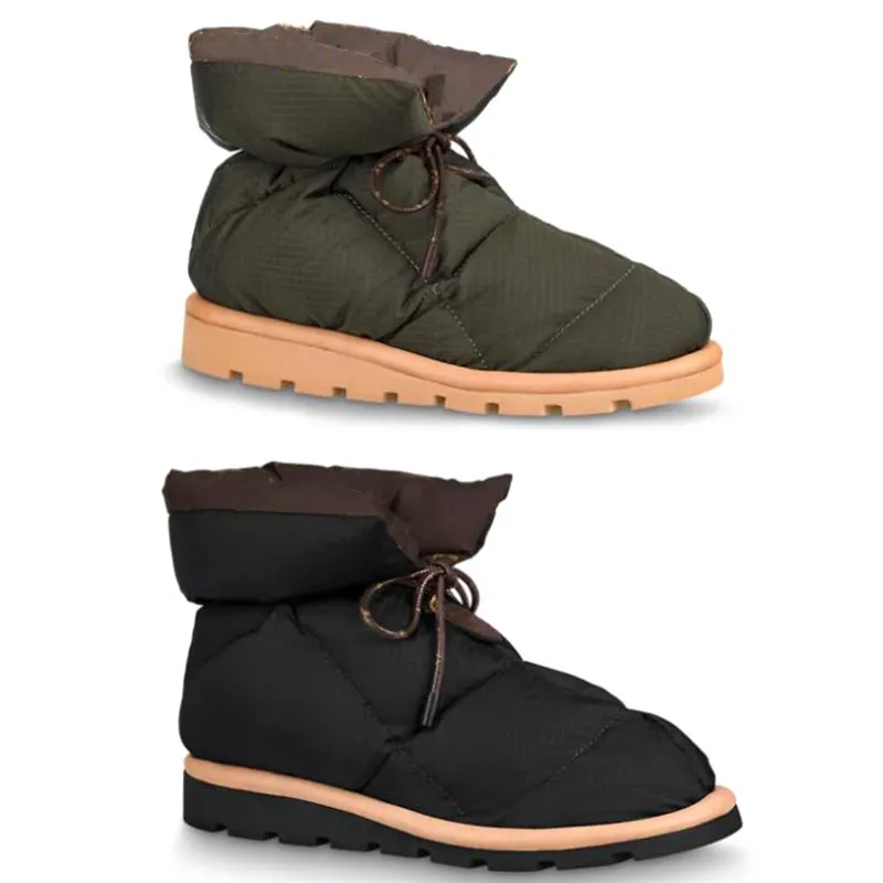 Mode KUSSEN Platte enkellaarzen Dames Designer Down Boot Zacht dons Waterdicht Nylon Bovenwerk Winterlaarzen Goede kwaliteit met doos 35-41 NO265