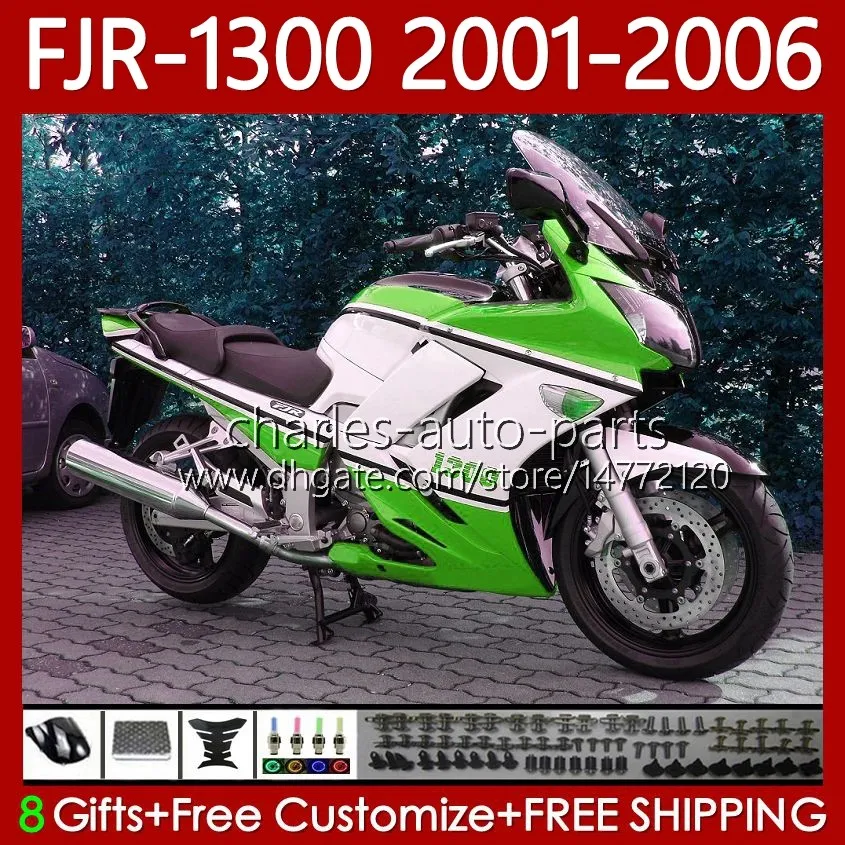 Body Kit för Yamaha FJR-1300 FJR1300A FJR 1300 A CC 2001-2006 BOODYWORK White Green 106no.105 FJR1300 01 02 03 04 05 06 FJR-1300A 2001 2002 2003 2004 2005 2005 OEM FAIRING