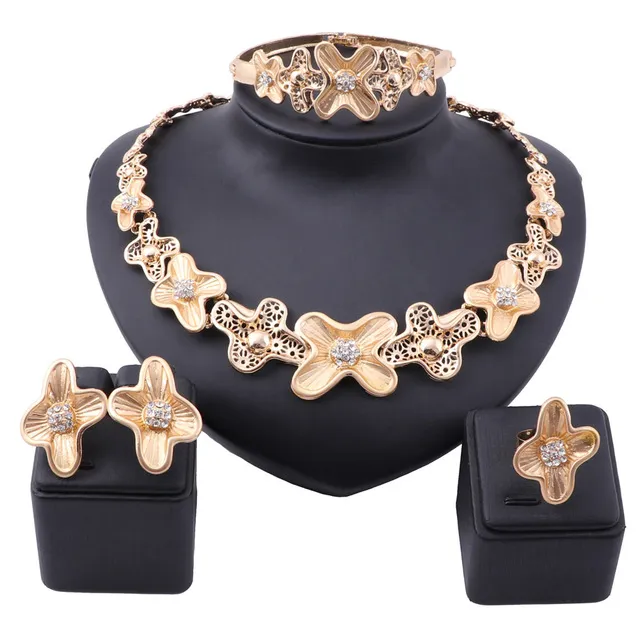 Conjunto de anéis de colar de ouro de Dubai requintados, conjunto de pulseiras para casamento feminino, acessórios de cristal, conjunto de joias