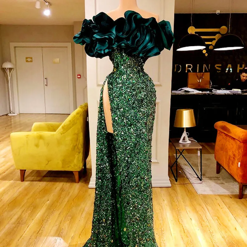 Glitter verde Dubai Africano Prom Vestidos Ruffles Side Dividir Mermaid Vestido Sexy Vintage formal do partido Vestidos