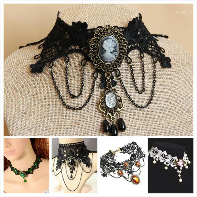 Chokers Vintage Victorian Lolita Gotik Dantel Kolye Vampir Cosplay Kostüm Gerdanlık Cadılar Bayramı Kokteyl Akşam Parti Elbise Takı1