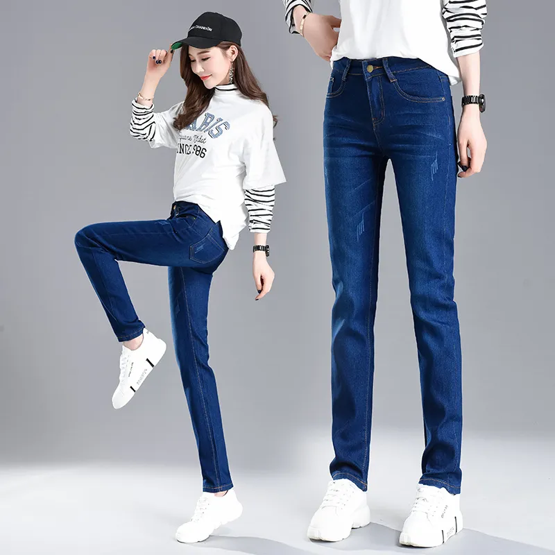 Pantalones de marca Rayado Recto Elástico Skinny Jeans Mujer Moda Ropa de mujer Jeans Pantalones de cuerpo entero Tallas grandes 34 201105