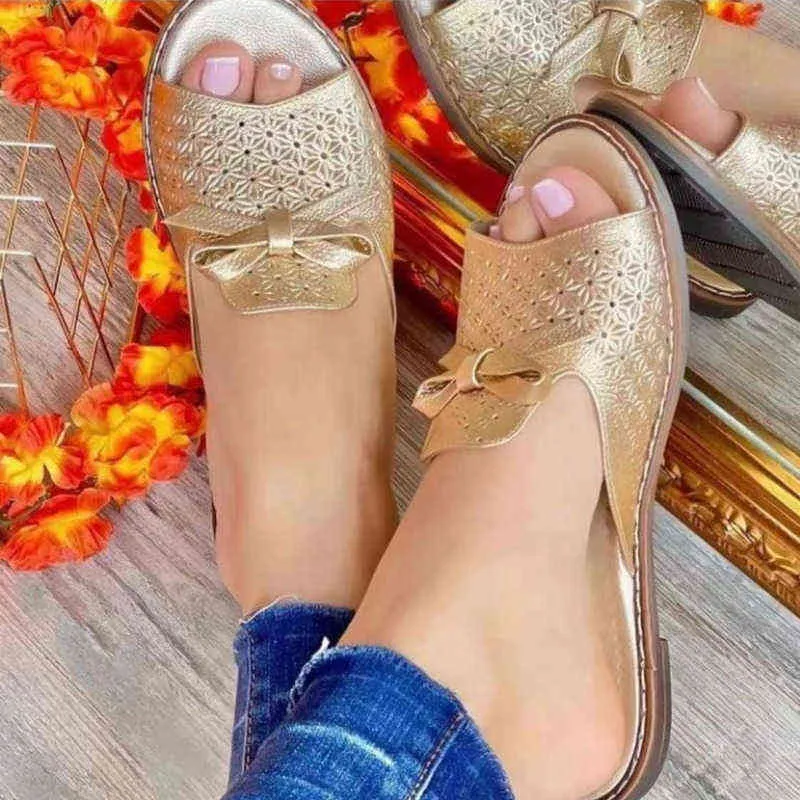 Frauen Hausschuhe Schmetterling Knoten Casual Wohnungen Peep Toe Einfarbig Mode Non-Slip Damen Rutschen Plus Größe Weibliche Schuhe 2022 Y220307