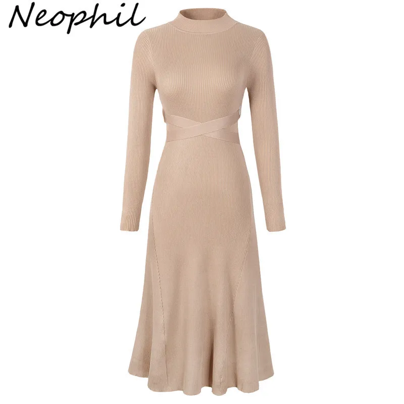 Neophil Frauen Winter gestrickte A-Linie Midi-Kleider O-Ausschnitt Bogen Schärpen Langarm Slim Vintage Damen elegante Kleider D2910 201029
