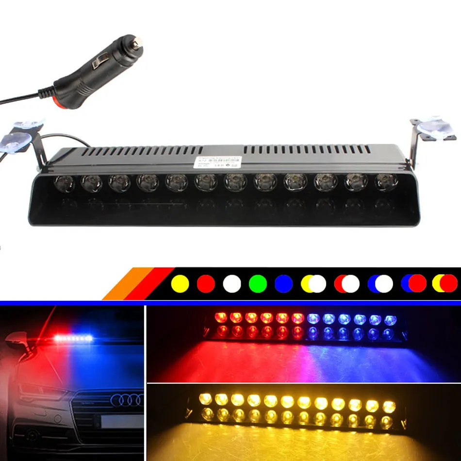 High Power 12 LED Strobe Flash Warning Windscreen Car Light Flashing Firemen Fog Emergency Fordons Lights Red Blue Yellow DC12V