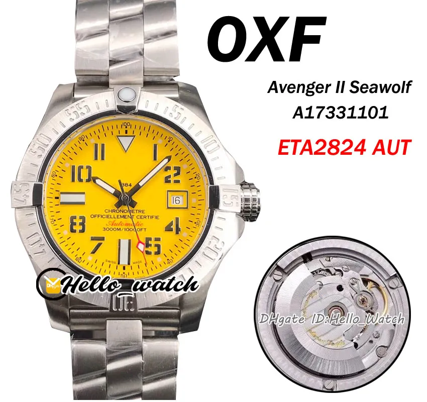 OXF New II Dive Seawolf 45mm A17331101 ETA SA2824 Automatic Mens Watch Yellow Dial 5ATM Stainless Steel Bracelet Sport Watches Hello_Watch