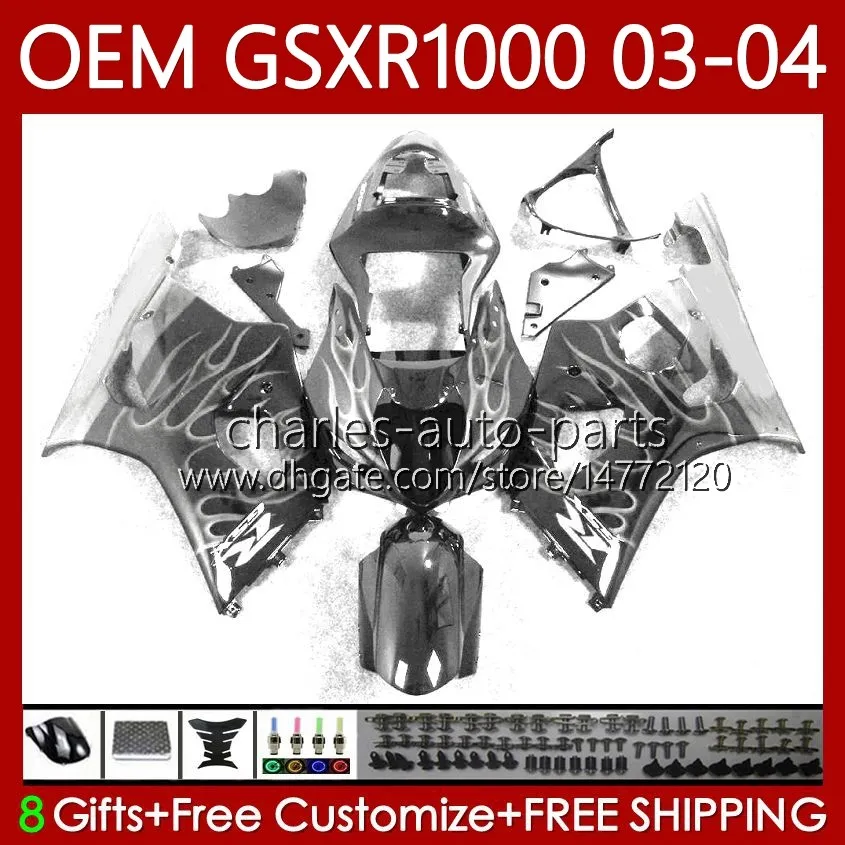 OEM Fairings 100%Fit For SUZUKI 1000CC K3 GSX-R1000 03-04 Body 67No.216 GSXR Silver flames 1000 CC GSXR1000 2003 2004 K 3 GSX R1000 GSXR-1000 03 04 Injection mold Bodywork