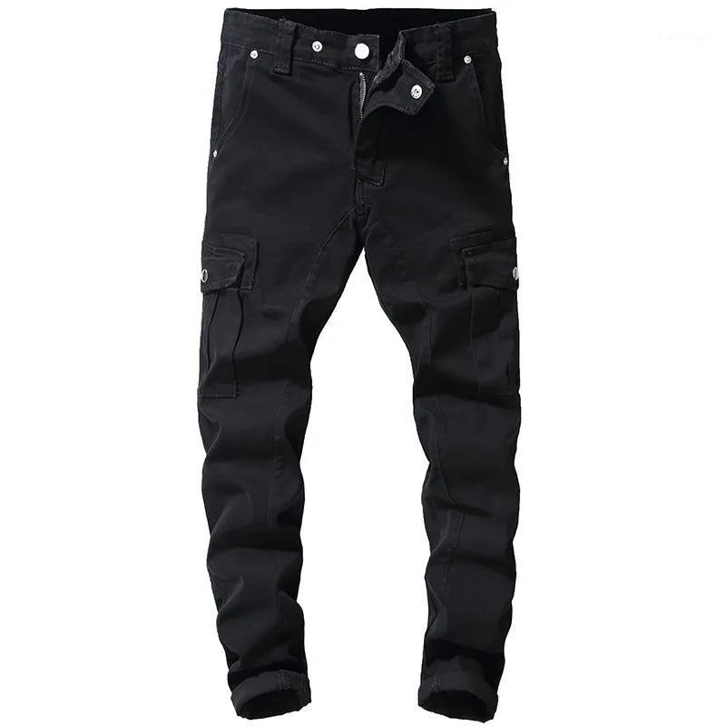 Sokotoo Heren Black Pockets Cargo Denim Jeans Slanke Stretch Broek