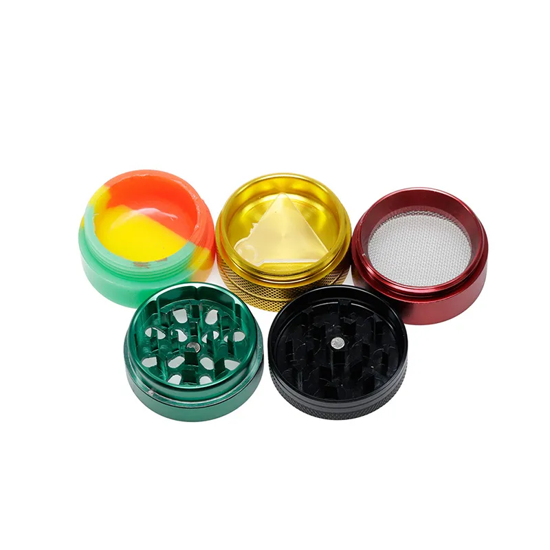 40mm 55mm 63mm Diameter 5 Pieces Aluminum Smoking Herb Grinder With Silicone Stash Catcher Metal Tobacco Herbal Grinder Crusher GR302