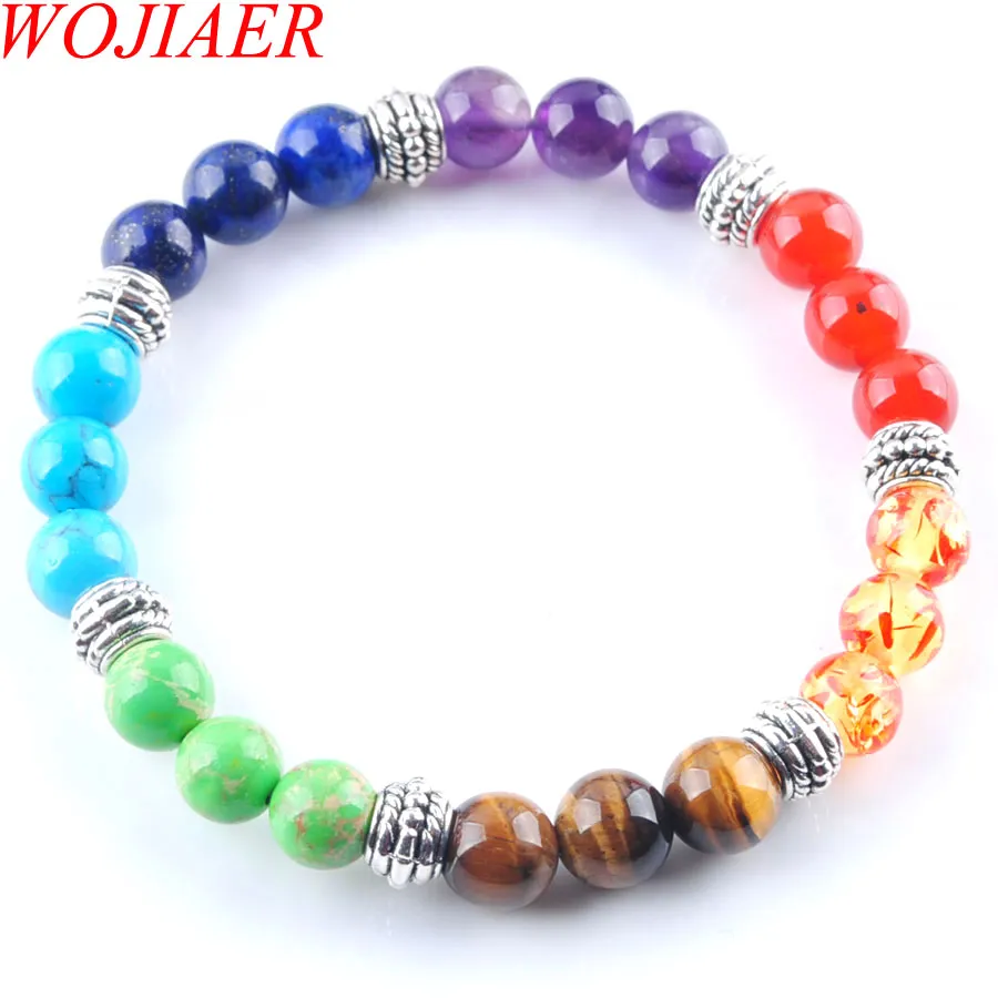 Wojiaer 7 Chakras Reiki Gem Stenpärlor Strand Bracelet Smycken Yoga Meditation för Women Armband K3281