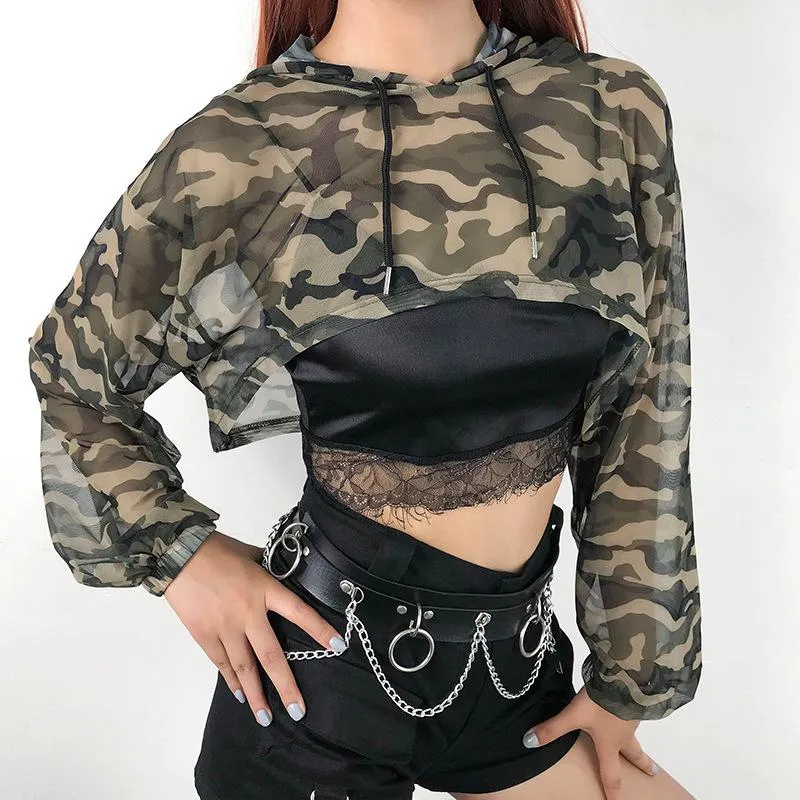 Dames T-shirt Hiriginien Zomer Camouflage Zonnebrandcrème T-shirts Dames Crop Top 2021 Hooded Lange Mouw Mesh Tops Tee Mode Streetwear