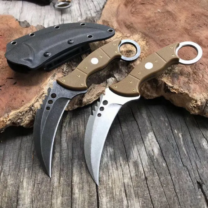 Högkvalitativ Karambit 9CR18mov Svart / Vit Stenvaskblad Full Tang G10 Hantera Fixed Blades Claw Knife Tactical Knives With Kydex