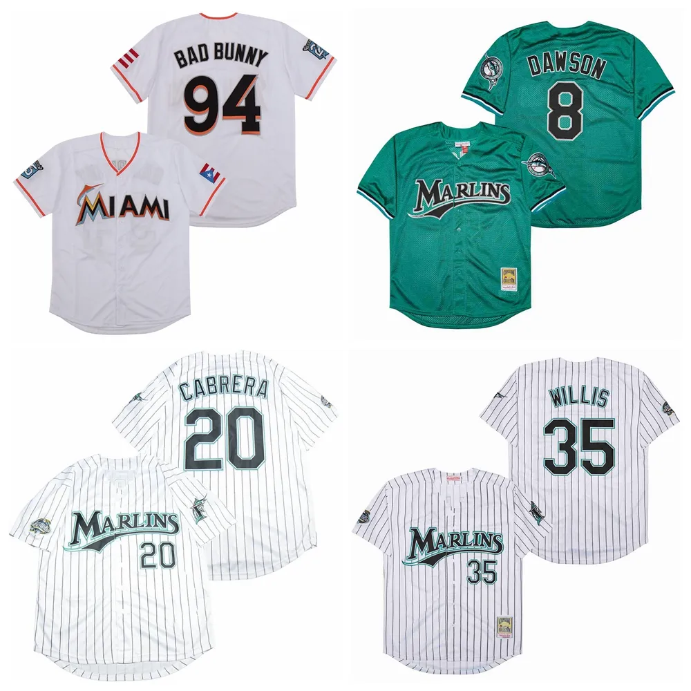 Retro Baseball 8 Andre Dawson Jersey Vintage 35 Dontrelle Willis 20 Edward Cabrera 94 Bad Bunny Team Color Green White Pinstripe Cool Base Cooperstown All Stitched