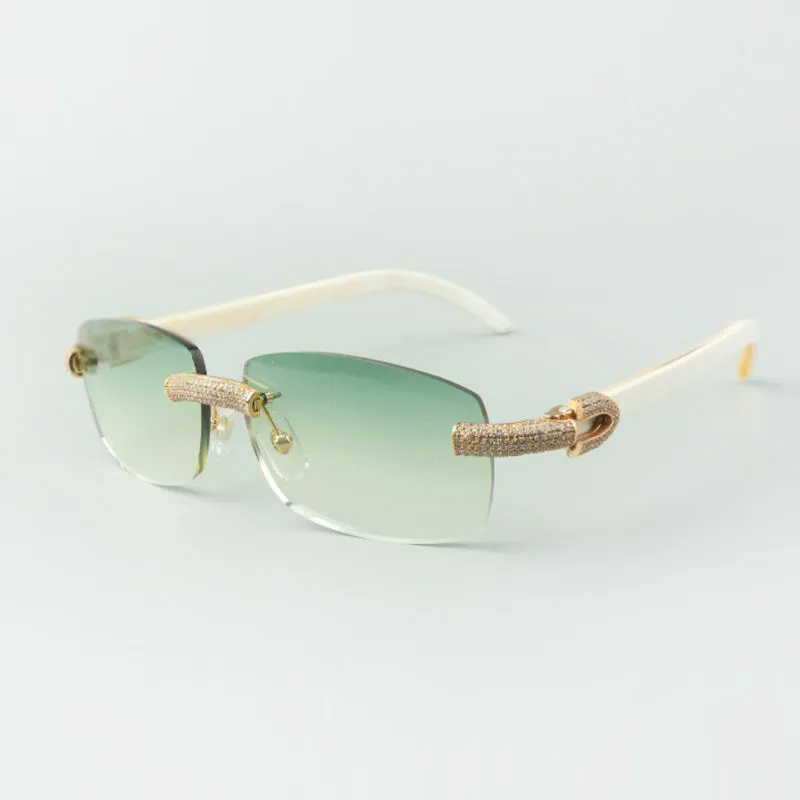 Vente directe de lunettes de soleil en diamants micro-pavés 3524026 avec branches en corne de buffle blanches, lunettes de créateur, taille: 56-18-140 mm