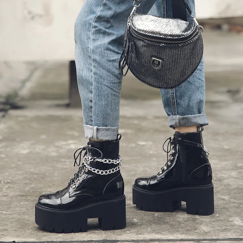 Stivali Donna Punk Gotici Con Plateau 8 Cm E Catene - Neri, Tacco Grosso, Cerniera Laterale, Taglia 39.5 EU