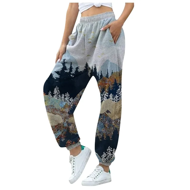 Femmes Plus Size Pant S-3xl Mountain Winter Warm Treetop Fashion Print Pocket Sports Running Athletic Pants 201111