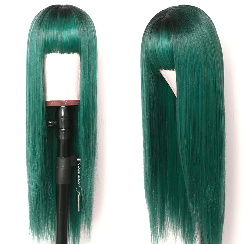 Long Silky Straight Synthetic Replacement Hair Wig Green Ombre Silk Base Wig Full Neat Bangs Heat Resistant None Lace Wigs Fashion Women