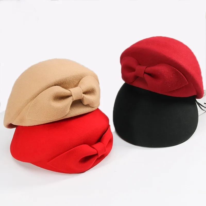 Senhoras chapéu de casamento vermelho para mulheres vintage 100% lã feltro pillbox chapéus preto fascinator inverno fedoras bow beret igreja chapéus Y200102