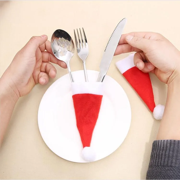 Decorazioni natalizie cappello coltello forchetta set stoffa non tessuta mini cappelli natalizi coltelli forchette borsa bottlehat WQ43-WLL