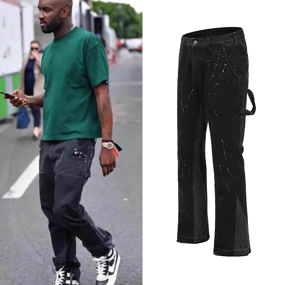 Urban streetwear flare byxor svart brett ben jeans hip hop stänk bläck byxor män patchwork slim fit denim byxor för män c1123