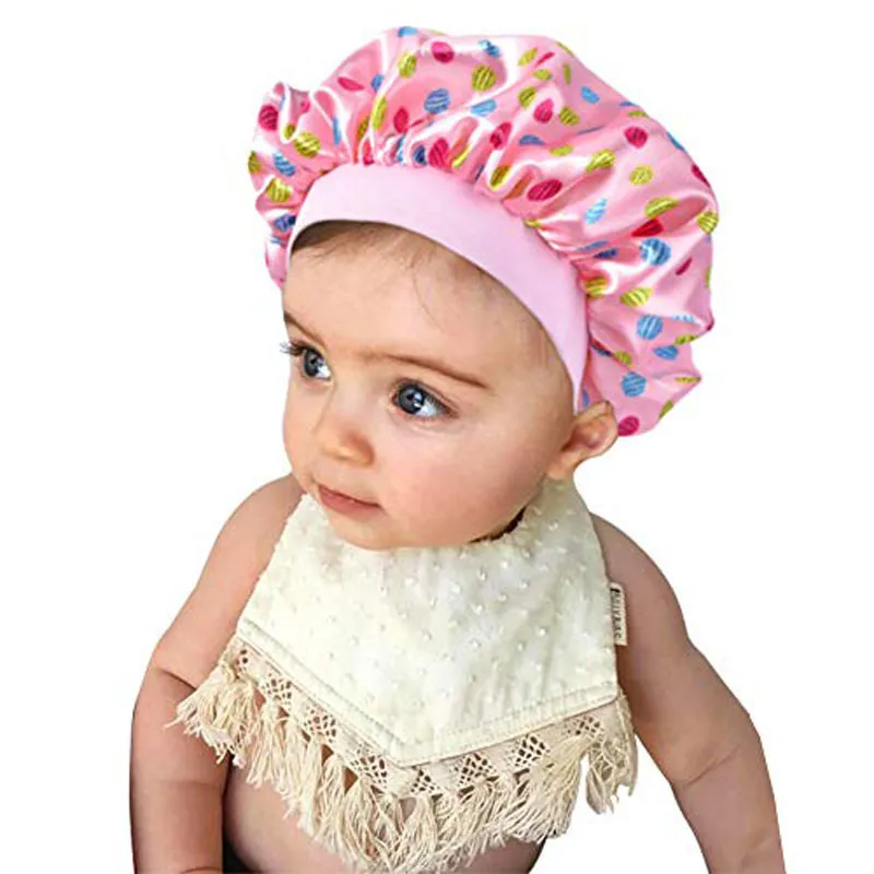 Kinder-Satin-Mütze mit Blumen- und Obstdruck, für Mädchen und Jungen, Nachtschlafmütze, Haarpflege, weiche Kopfbedeckung, Wickelmütze, Totenkopf, 9 Farben