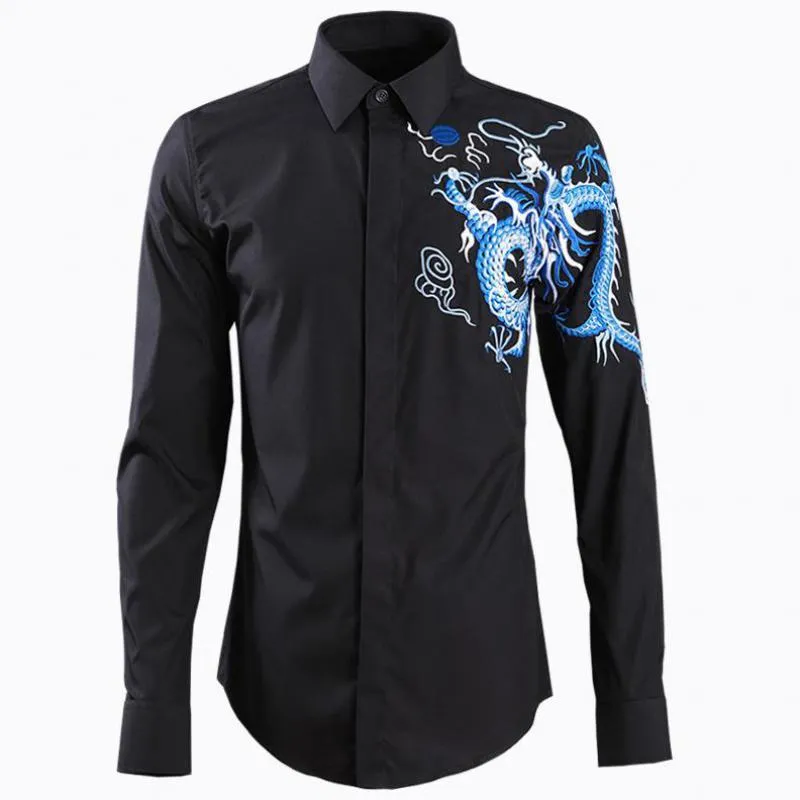 Heren Casual Shirts Mens Luxe Blauw Borduurwerk Lange Mouw Jurk Mode Slim Fit Man Plus Size 4XL Mannen