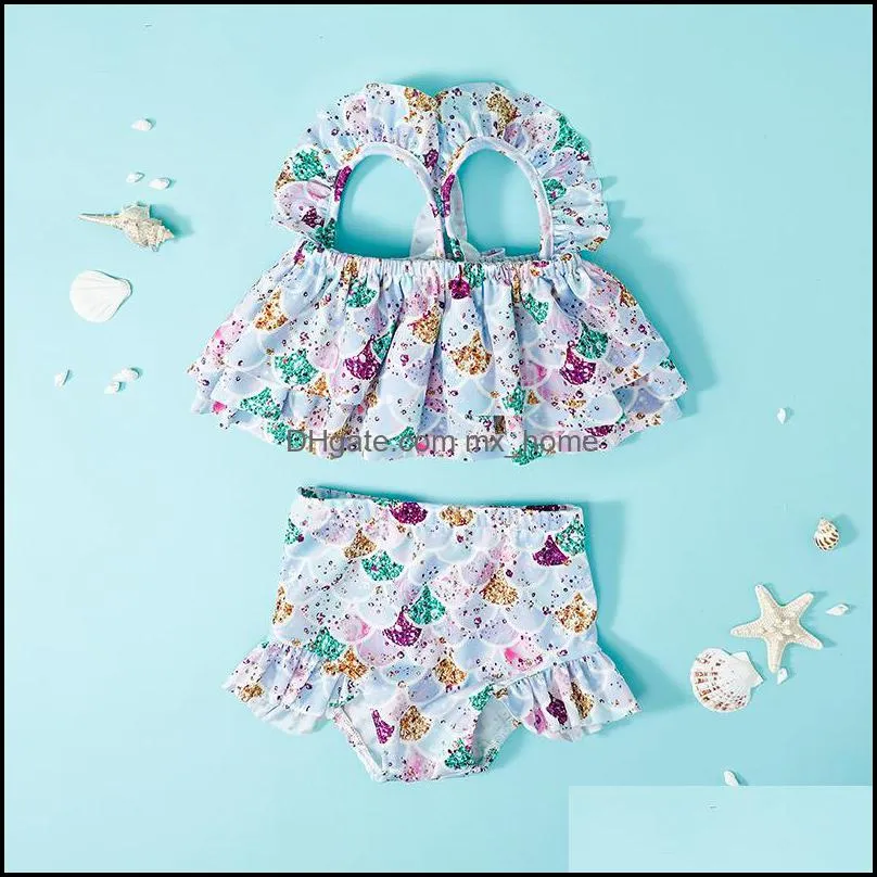 Children Two-Pieces Mermaid Floral Leopard Print Swimwear baby ruffle Sling Tops+swim trunks 2pcs/set cute summer Bikini Kids Swimsuit